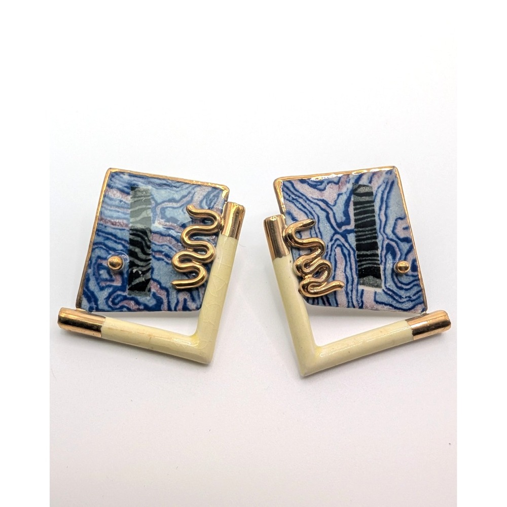 Vintage Porcelain Earrings Memphis 1980s Style Blue Gold Geometric Wearable Art